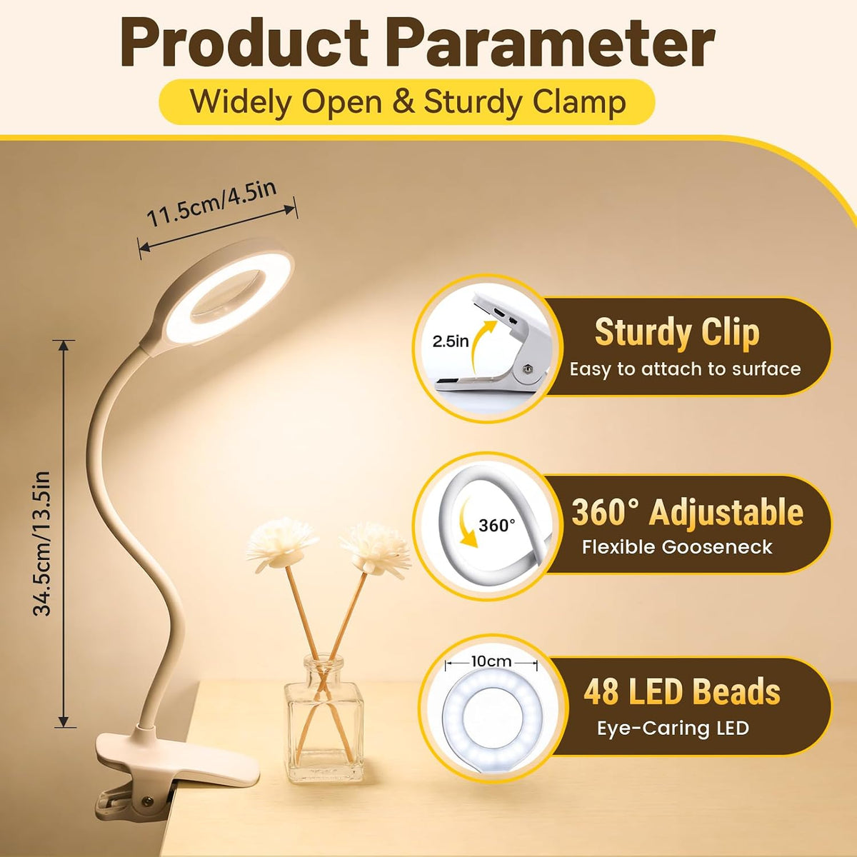 Clip on Reading Light for Bed Headboard, 5 Colors & 5 Brightness, Black