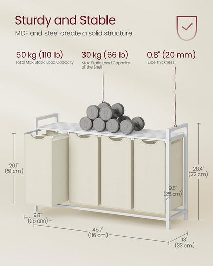 VASAGLE Laundry Hamper, Laundry Basket Sorter with 3 Pull-Out and Removable Bags, Shelf, Metal Frame, 3 x 10.6 Gallons (40 L), 36.4 x 13 x 28.4 Inches, Cappuccino Beige and Natural Beige UBLH301LH01
