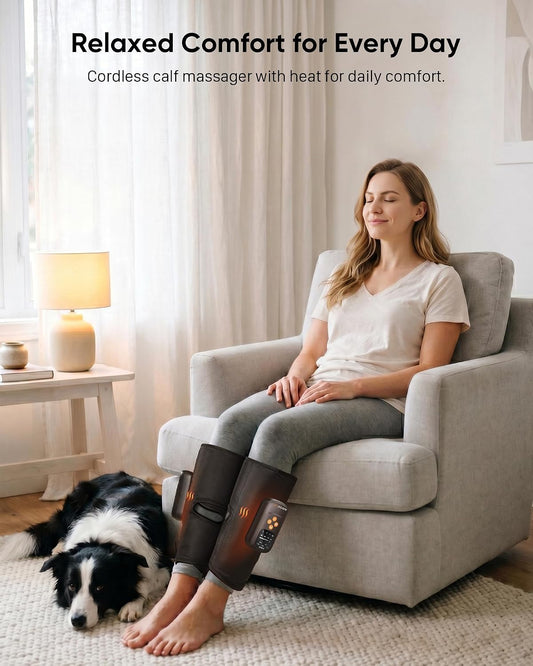 JZBRIAN Cordless Air Compression Calf Massager for Circulation, Pain Relief | Portable, Rechargeable, Sequential Compression, 5 Modes, 5 Intensities, 3 Heat Levels, Daily Use, Relax for Gym Runners