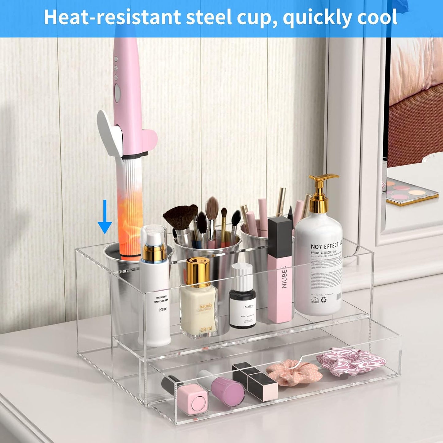 NIUBEE Acrylic Hair Tool Organizer,Hair Dryer Holder Countertop with 3 Cups | Clear, Hot Tools Organizer, Hair Blow Dryer Organizer for Curling Iron, Brush, Straightener, Makeup,Skincare,Vanity, Bathroom