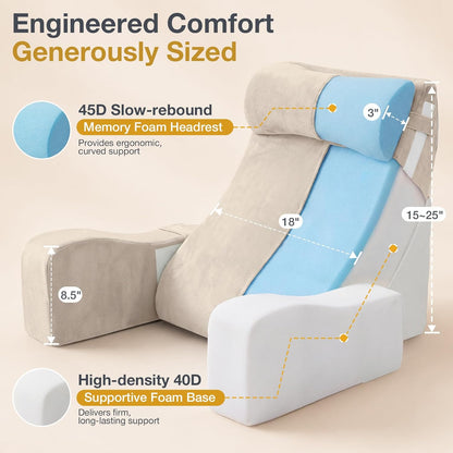 Sasttie 15-25 inch Adjustable Reading Pillow with Armrests, Dark Grey | Back Rest Pillow with Secure Side Straps, Memory Foam Back Support Cushion Bed Chair for Reading, Gaming & Relaxing