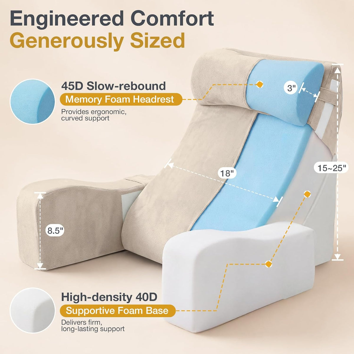 Sasttie 15-25 inch Adjustable Reading Pillow with Armrests, Dark Grey