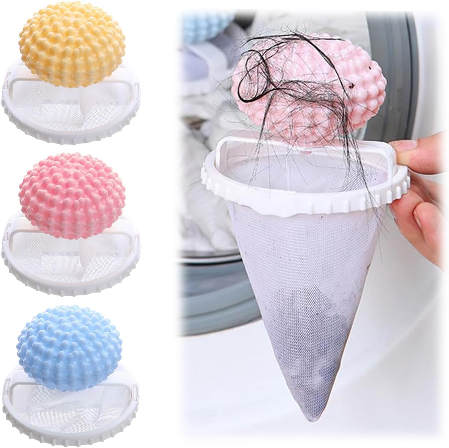 3-Pack Pet Hair Remover for Laundry, Floating Mesh Washing Machine Catchers | Reusable floating mesh catchers help collect loose pet hair and lint during washing; includes yellow, pink and blue pieces.