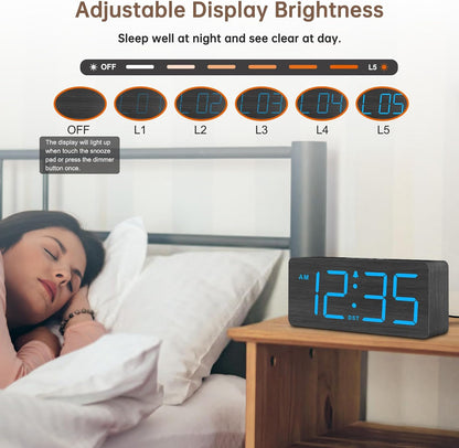 DreamSky Wooden Digital Alarm Clock for Bedroom with Large Numbers | Desk Clock for Living Room Office, Loud Alarm for Heavy Sleepers Adults, Volume Control, Dimmer, DST, Wood Decor (Plug-in)