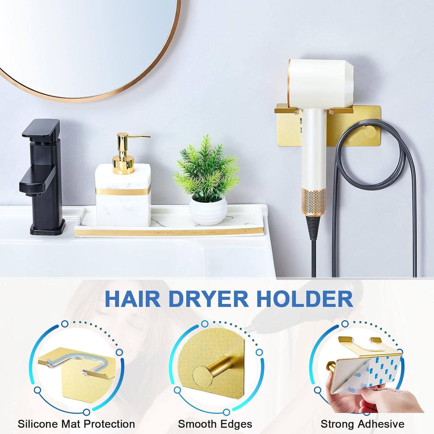Hair Dryer Holder Wall Mounted, Blow Dryer Holder Adhesive, Metal Hairdryer Holder for Bathroom, Hair Tool Organizer with Plug&Cord for Cabinet Bathroom Bedroom Barber Shops (Rose Gold)