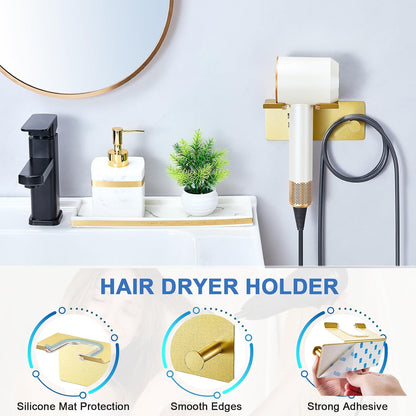 Hair Dryer Holder Wall Mounted, Blow Dryer Holder Adhesive, Metal Hairdryer Holder for Bathroom, Hair Tool Organizer with Plug&Cord for Cabinet Bathroom Bedroom Barber Shops (Rose Gold)