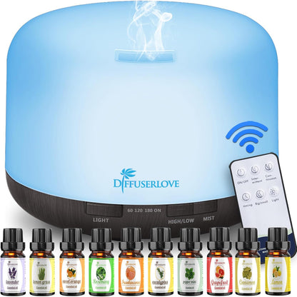 Diffuserlove Essential Oil Diffuser 500ML Aromatherapy Diffuser Mist Humidifiers 7 Color LED Lights Diffusers for Home Office Bedroom (Size:6.7" L x 6.7" W x 4.7" H)
