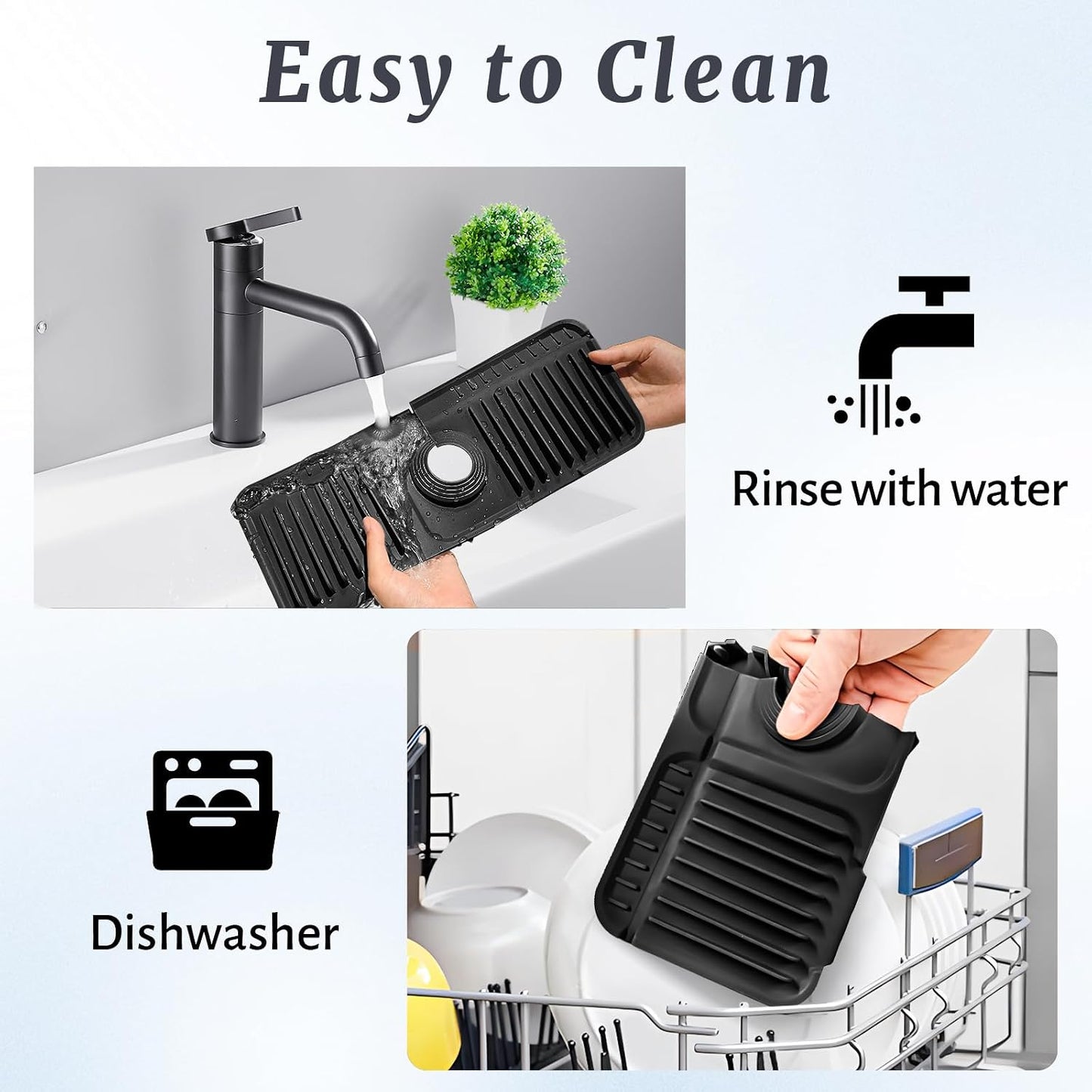 PoYang 24 Inch Faucet Mat for Kitchen Sink Splash Guard, Silicone, Black | Sink Protectors with 7° Slope for Smooth Drainage, Snap Button Holds It in Place, 90° Foldable & Cuttable Hole Fit Most Sinks