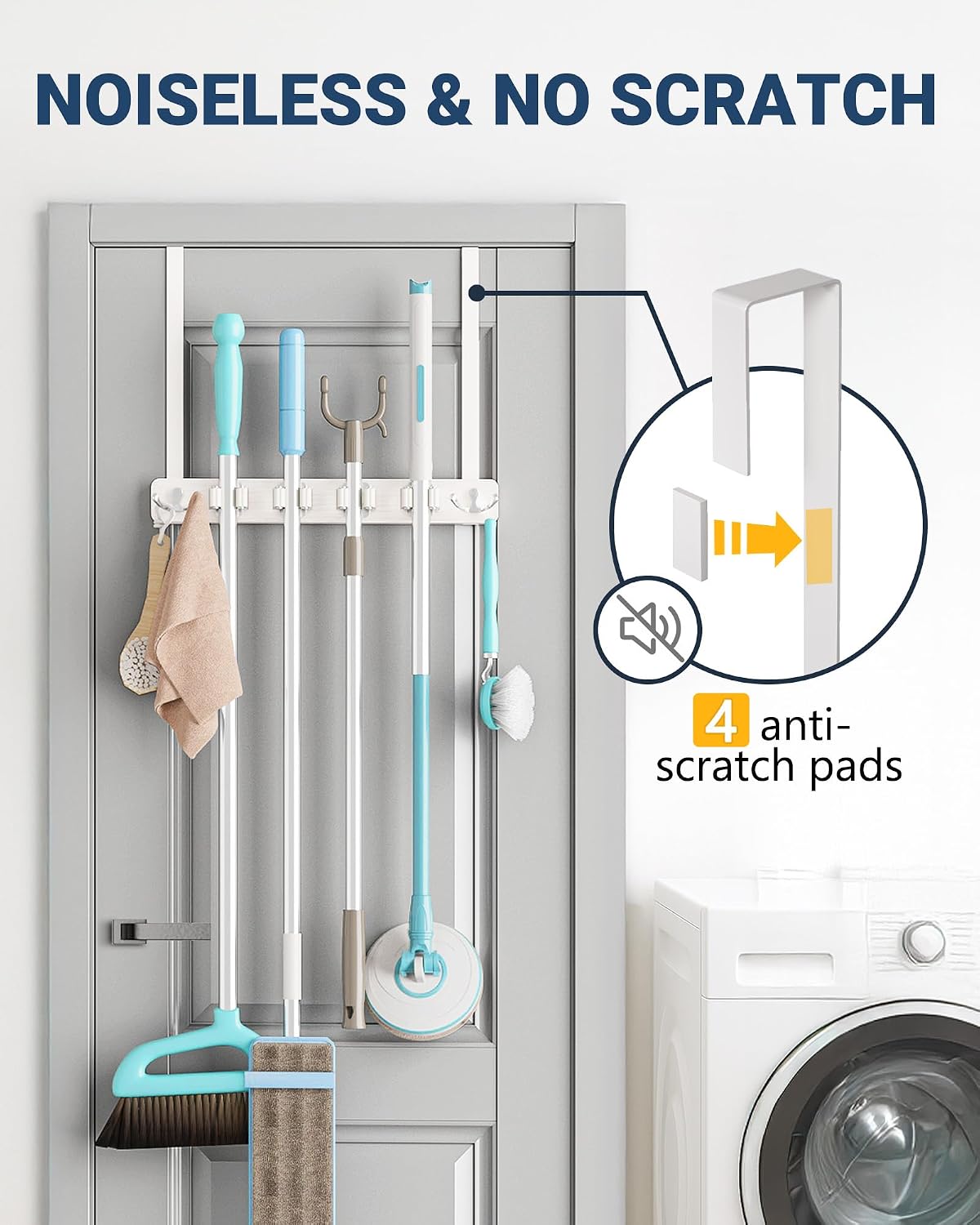 Lorbro Broom Holder Door Mount, Wood Over the Door Broom and Mop Holder | 4 Slots 4 Hooks, No Drill Setup, EVA Protection Pads, Secure Grip, Laundry Garage Closet Kitchen Use, White