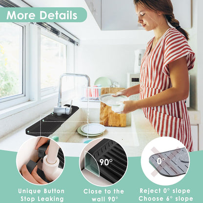 24-Inch Silicone Faucet Mat for Kitchen Sink Splash Guard, 7° Slope | 24"x5.5" water draining mat with fasten button; 1.6-2.75" customizable hole for bathroom, RV & kitchen sink drip catcher.