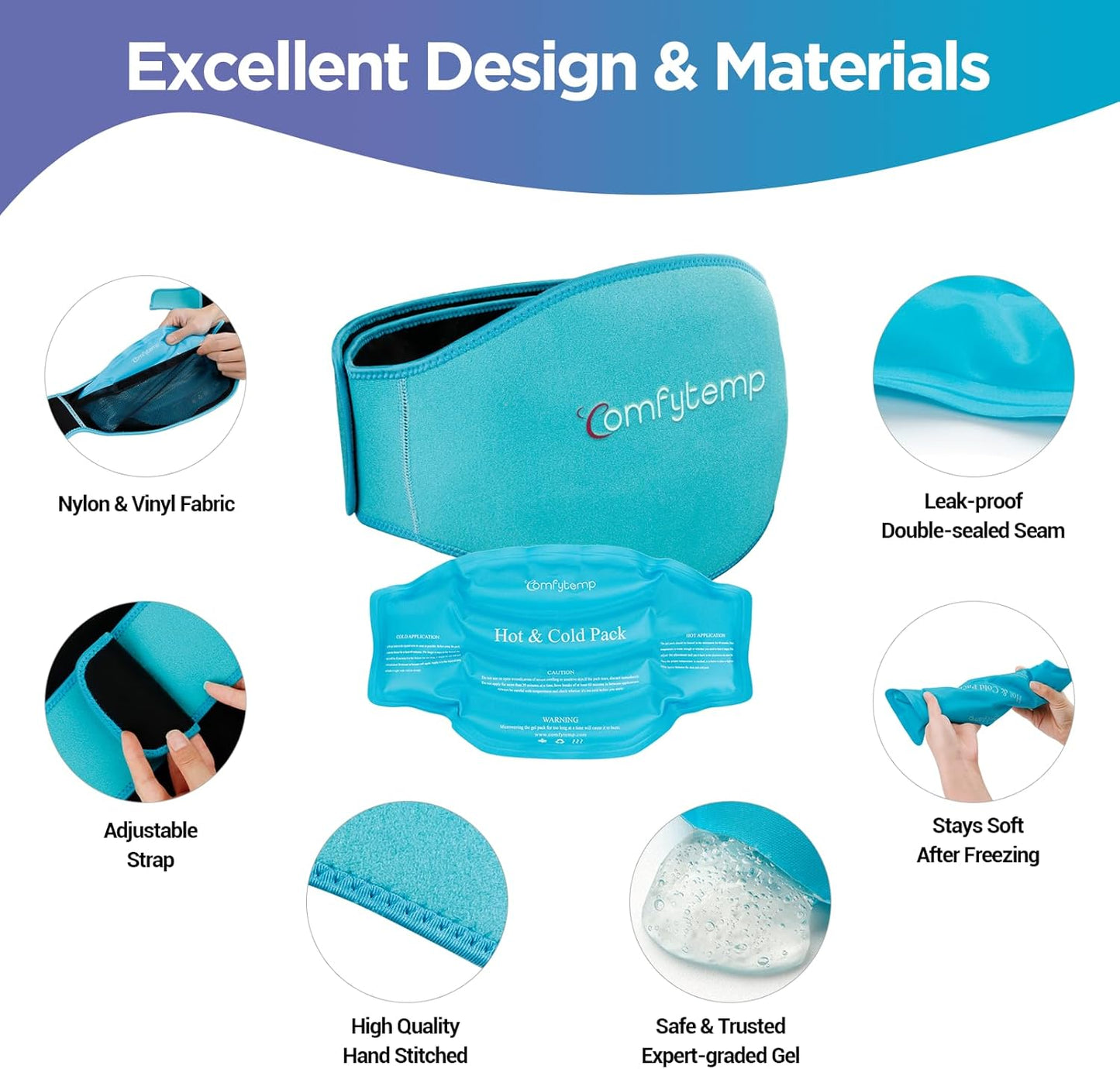 Comfytemp Ice Pack for Back Pain Relief, 2 Pcs, Sciatica Ease Brace, Reusable Gel Lower Back Ice Wrap for Injuries, Hot Cold Compress for Lower Lumbar, Waist, Men Women After Surgery (Blue)