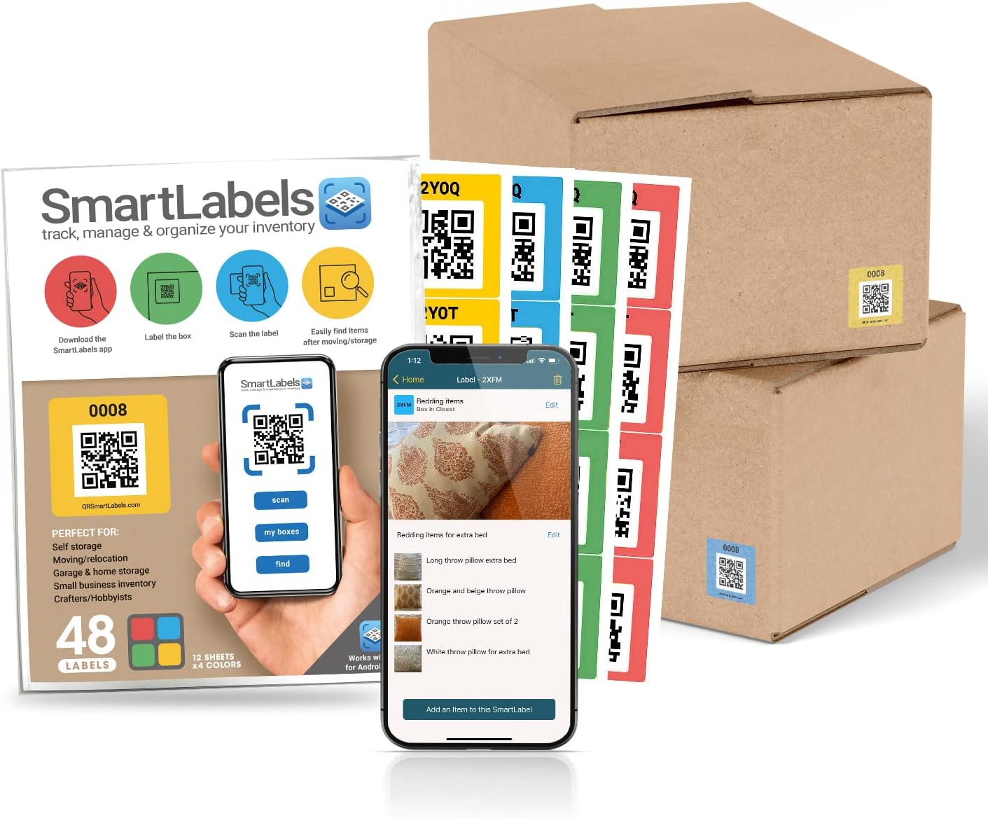 QR Code Stickers with AI Photo Analysis App - Auto-Creates Item Descriptions - No Typing - Made in USA - QR Code Labels for Storage & Inventory Tracking, Organization & Moving, Pack of 48