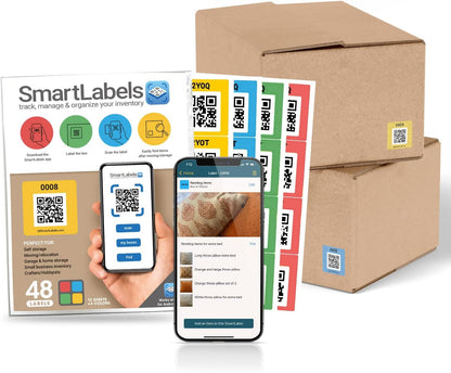 QR Code Stickers with AI Photo Analysis App - Auto-Creates Item Descriptions - No Typing - Made in USA - QR Code Labels for Storage & Inventory Tracking, Organization & Moving, Pack of 48