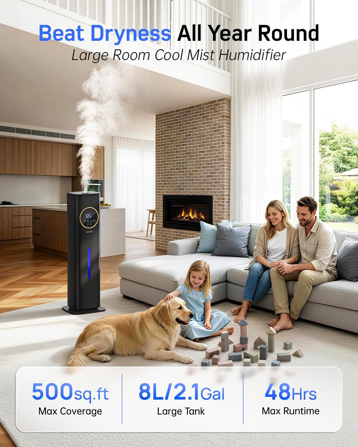 LACIDOLL Humidifiers for Bedroom, 2.1Gal/8L Humidifier large room with Essential Oil Diffuser, Top Fill Whole House Cool Mist Humidifiers for Plants Baby Kids Adults(Black) | Humidifier Large Room with Humidity Control, Leak-Proof, Top Fill Cool Mist Air