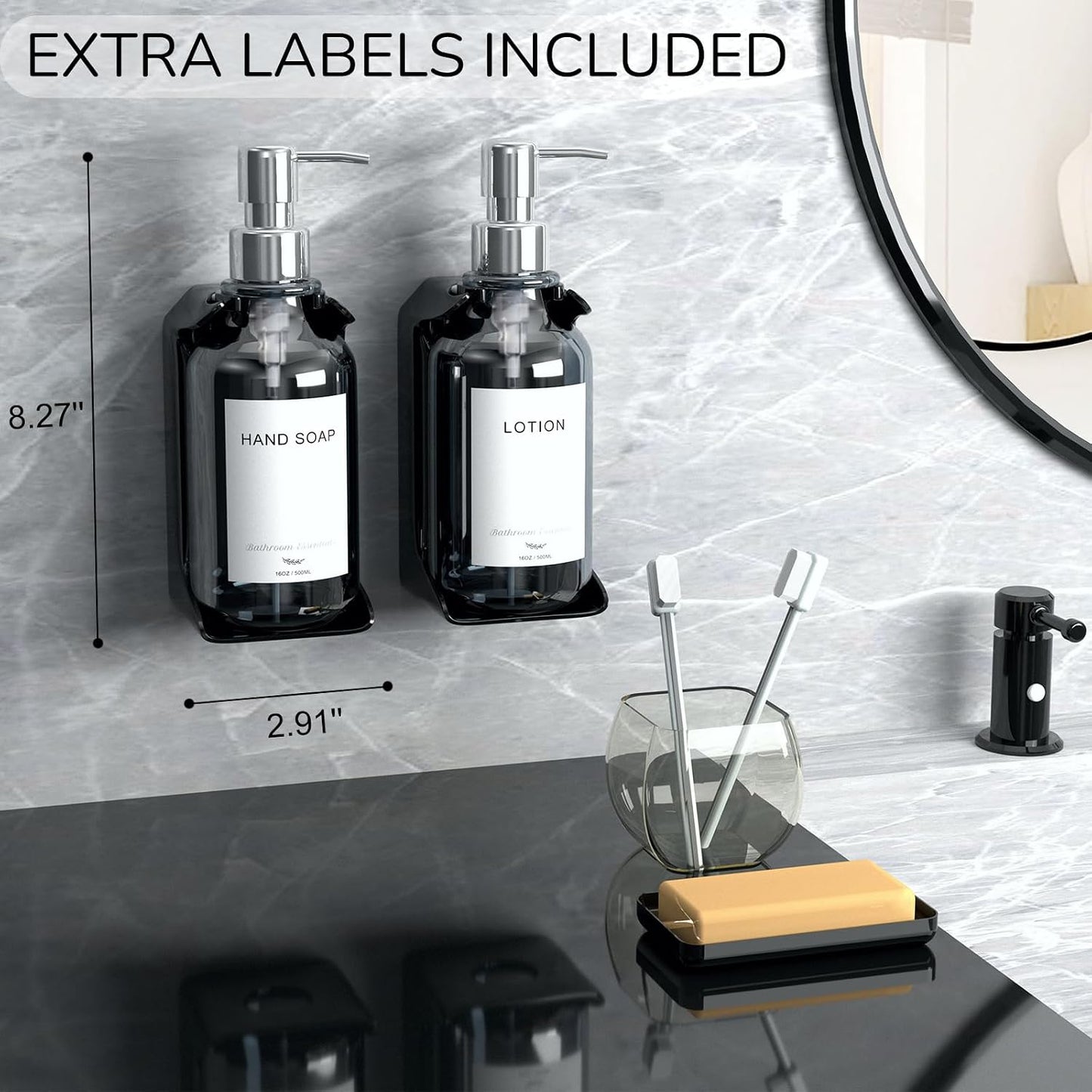 Modern Shampoo and Conditioner Dispenser - Shower Soap Dispenser Wall Mounted - 3-Pack 16 oz Plastic Amber Bottles with Black Pumps - Stylish Shampoo Dispenser, Shower Dispenser 3 Chamber No Drill