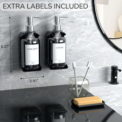 Modern Shampoo and Conditioner Dispenser - Shower Soap Dispenser Wall Mounted - 3-Pack 16 oz Plastic Amber Bottles with Black Pumps - Stylish Shampoo Dispenser, Shower Dispenser 3 Chamber No Drill