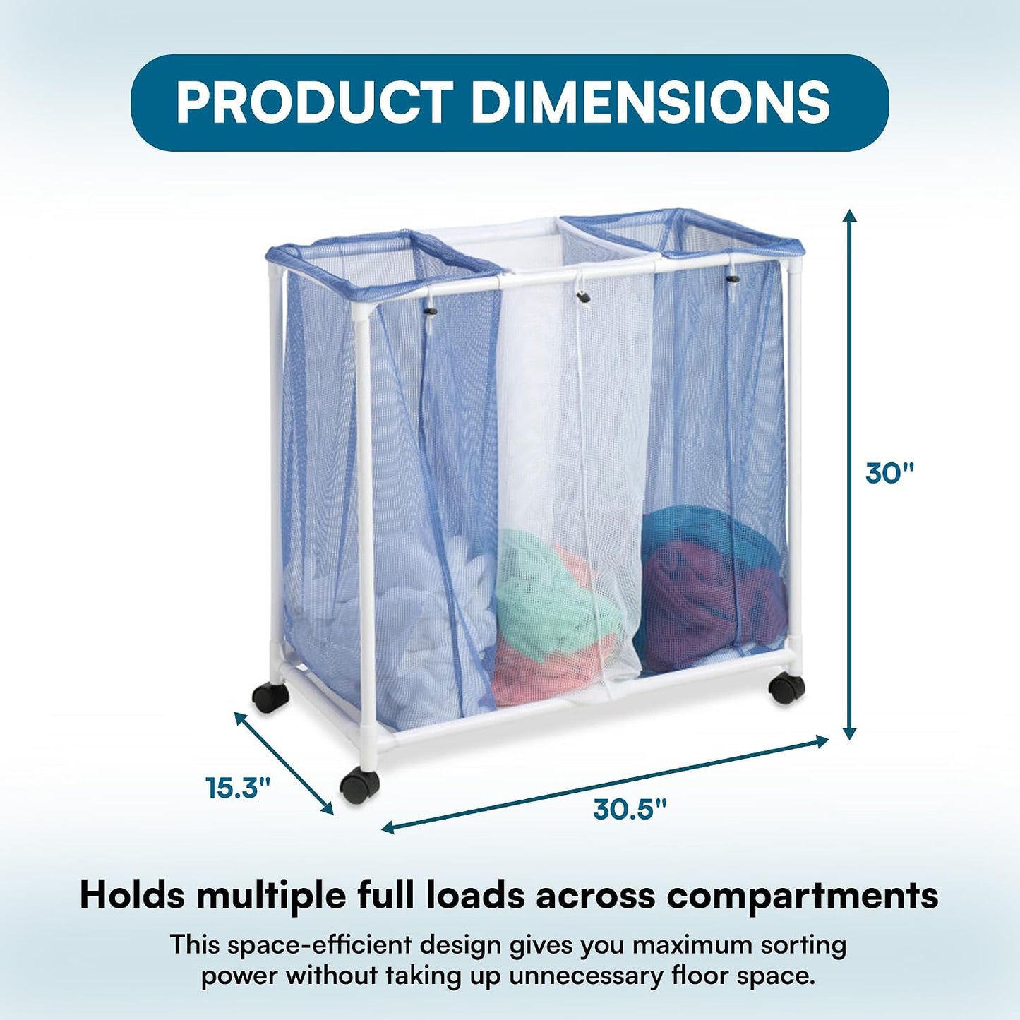 Honey-Can-Do HMP-01629 3 bag mesh laundry sorter, 30.5" x 15.3" x 30" , Blue/White