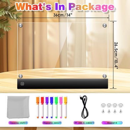 LED Acrylic Magnetic Dry Erase Board for Fridge, 14"*10.5" Weekly Planner Whiteboard, Rechargeable Clear Menu Board with 7Markers, 4 Light Effects, Magnetic Note to Do List/Meal/Grocery/Memo Planner