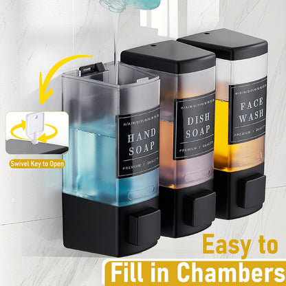 Pollock Shampoo and Conditioner Dispenser,Black 3 Chamber * 500ML | Shower Soap Dispenser Wall Mounted, Body Wash Dispenser No Drill,Refillable Shower Dispenser for Bathroom,Hotel,Public Place