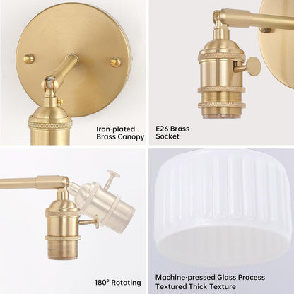 Shenmoyl Battery Operated Wall Sconce with Green Striped Shade Pattern Glass Adjustable Chain Retro Gold Wall Mounted Light, Modern Wall Lamp Fixtures Decor for Bedside Bedroom Indoor Doorway