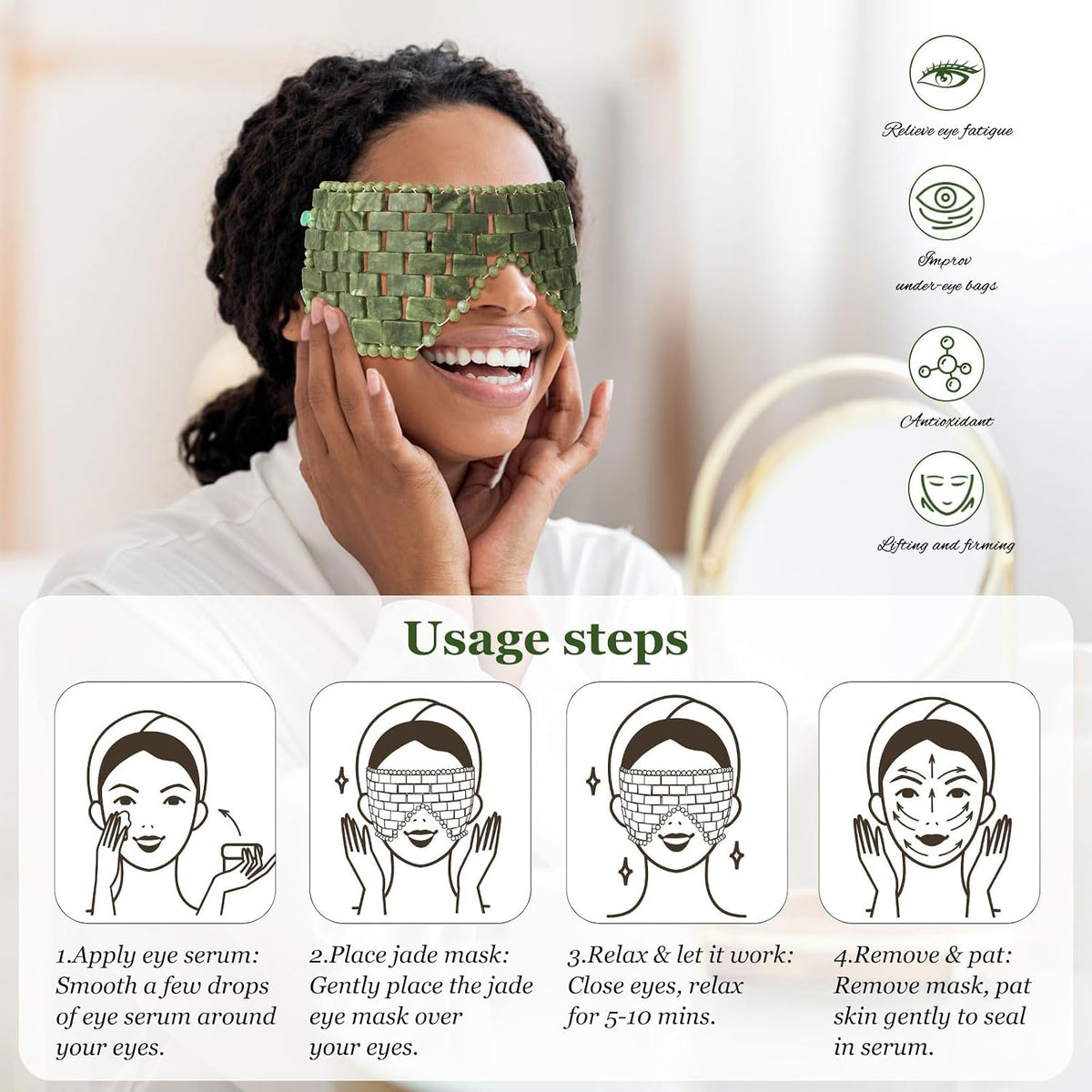 Jade Eye Mask,Large Facial Cooling Mask with 100% Real Jade for Hot & Cold Therapy,Green Stone Facial Eyes Sleeping Mask Relief Eye Cover