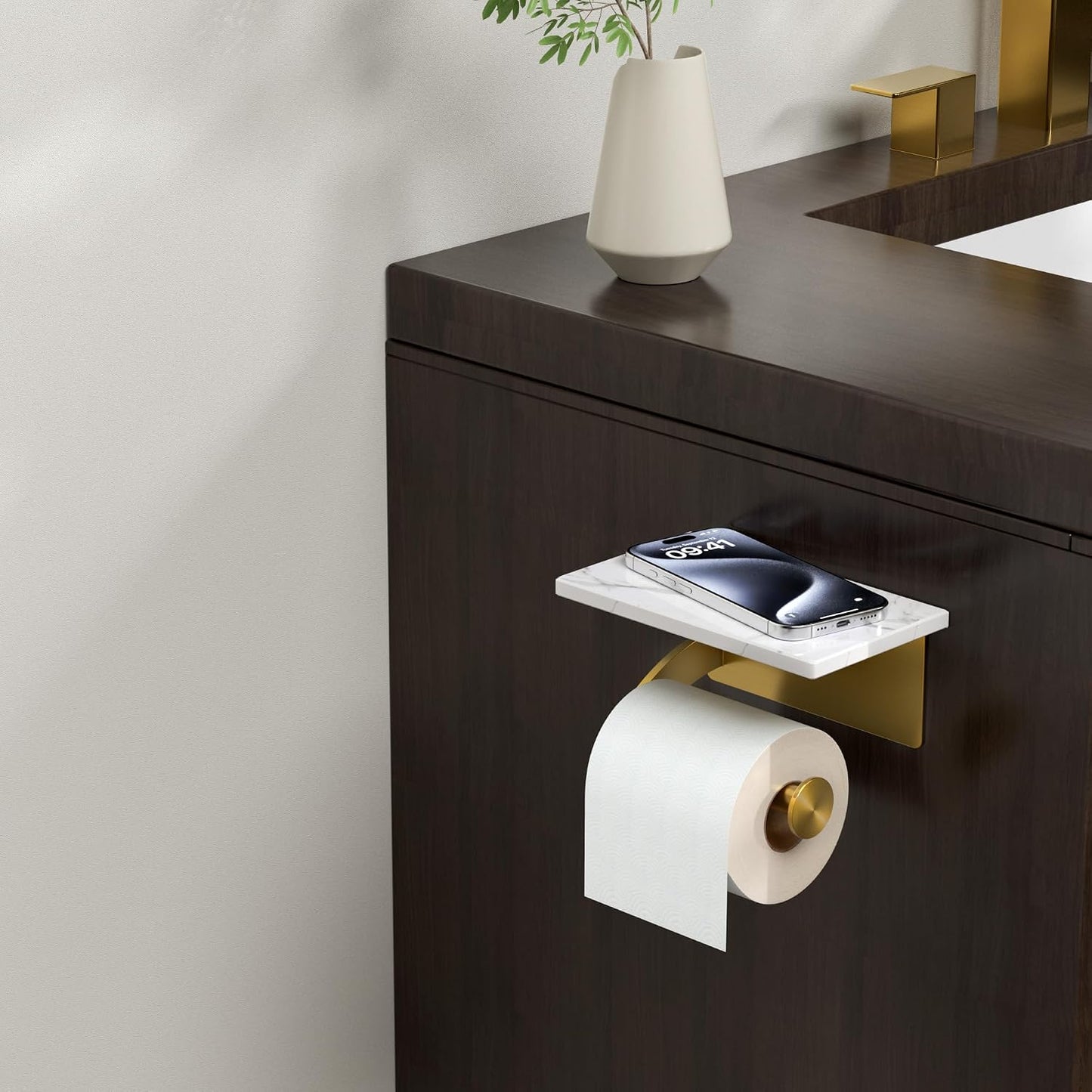 FORIOUS Toilet Paper Holder with Shelf, Natural Marble, Commercial | Brushed Nickel, Wall Mount 304 Stainless Steel Commercial Bathroom Tissue Roll Dispenser, Heavy Duty Washroom Paper Storage