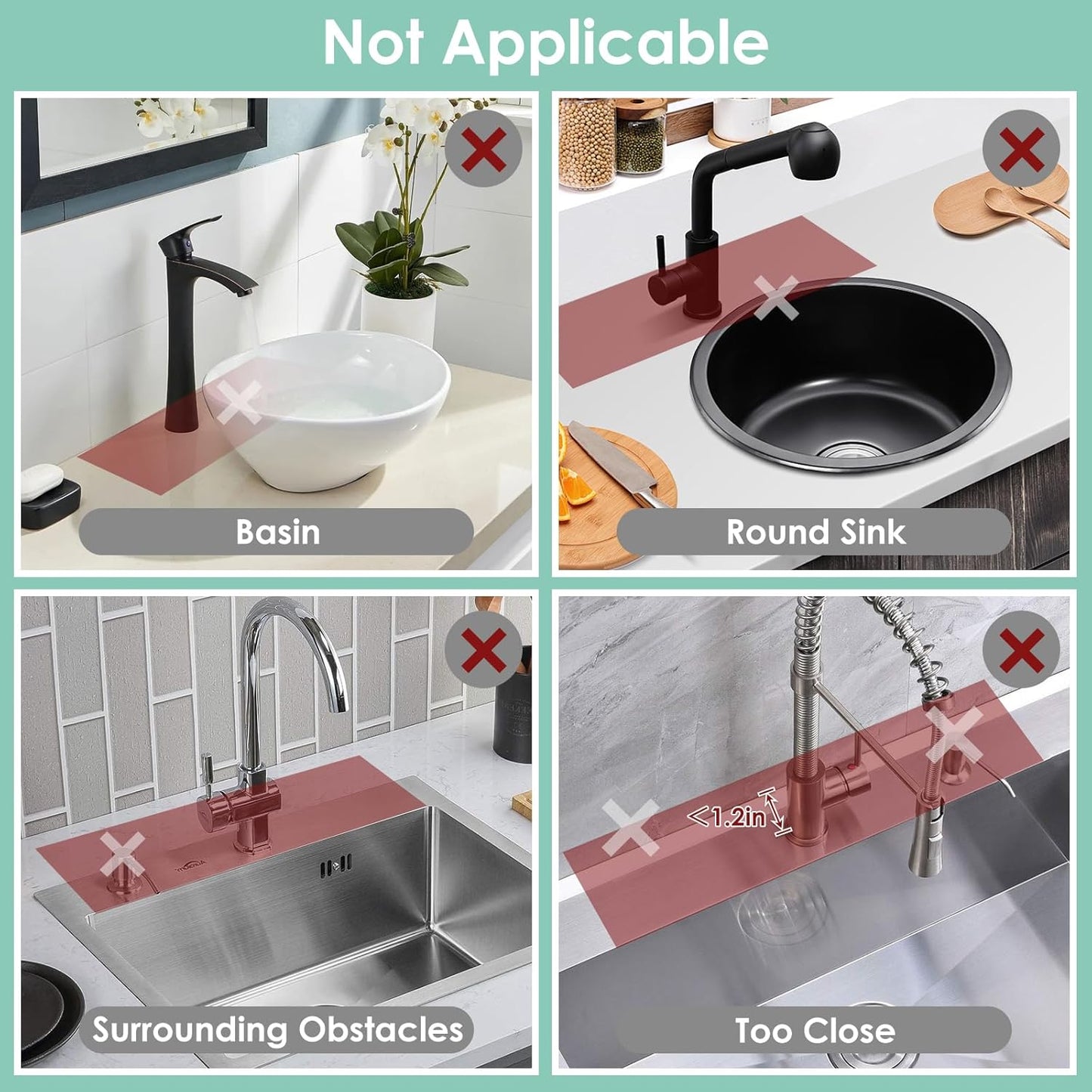 24-Inch Silicone Faucet Mat for Kitchen Sink Splash Guard, 7° Slope | 24"x5.5" water draining mat with fasten button; 1.6-2.75" customizable hole for bathroom, RV & kitchen sink drip catcher.