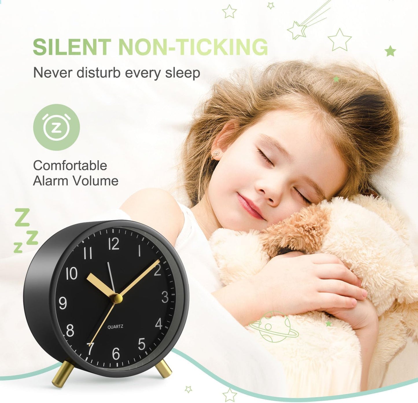 Back to School Silent Analog Quartz Alarm Clock for Kids Bedroom,Night Light, Battery Operated, Fashionable Round Metal