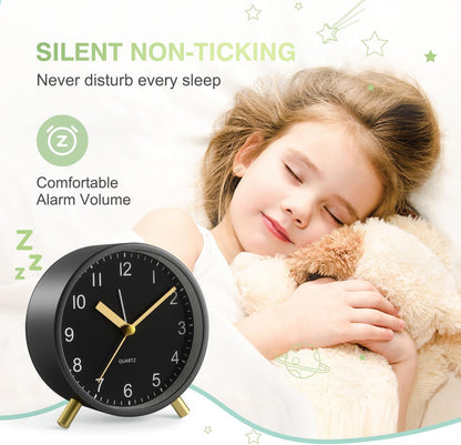 Back to School Silent Analog Quartz Alarm Clock for Kids Bedroom,Night Light, Battery Operated, Fashionable Round Metal