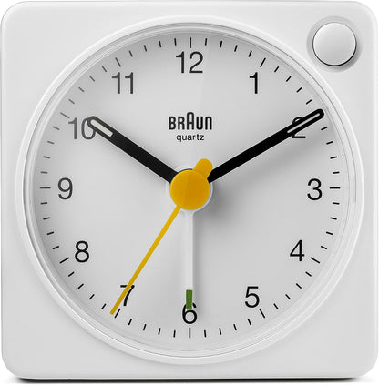 Braun Classic Travel Analogue Alarm Clock with Snooze and Light, Compact Size, Quiet Quartz Movement, Crescendo Beep Alarm in White, Model BC02XW.