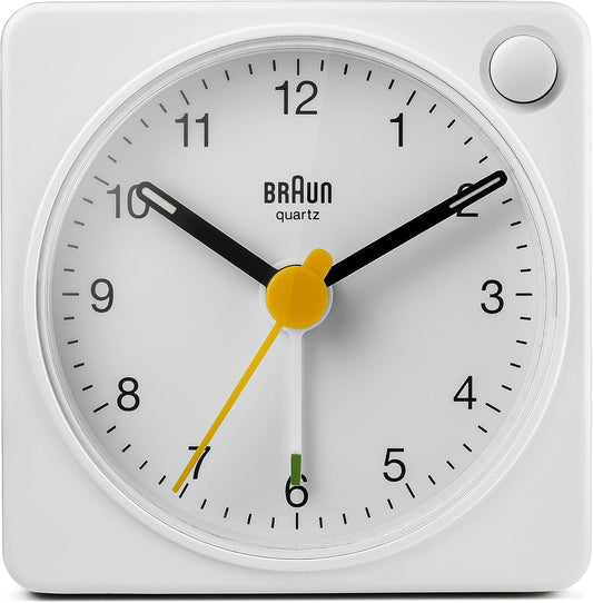 Braun Classic Travel Analogue Alarm Clock with Snooze and Light, Compact Size, Quiet Quartz Movement, Crescendo Beep Alarm in White, Model BC02XW.