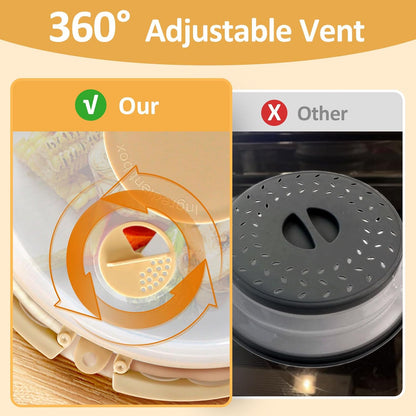 10” Microwave Splatter Cover with Water Steamer and Anti-Spill Base Plate | Built-in Seasoning Box, Collapsible Microwave Cover for Food with Handle & Hanging Hole, Vent Adjustable, BPA-Free, Reusable