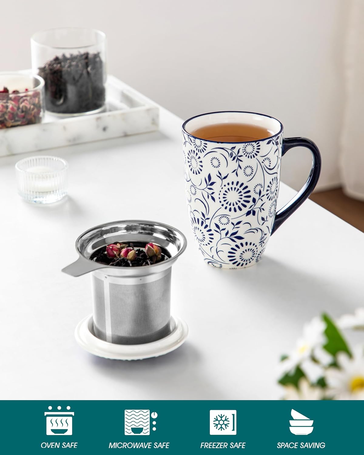 vancasso SELENE Porcelain Tea Mug, 18 oz Porcelain Tea Cup with Infuser and Lid Steeps Loose Leaf Tea, Microwave & Dishwasher Safe, Five-Leaf Clover