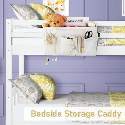 Bedside Caddy Organizer Hanging Storage Bag Bunk Bed White | Bed Caddy with Magazine Water Bottle Phone Holder for College Dorm and Hospital Beds