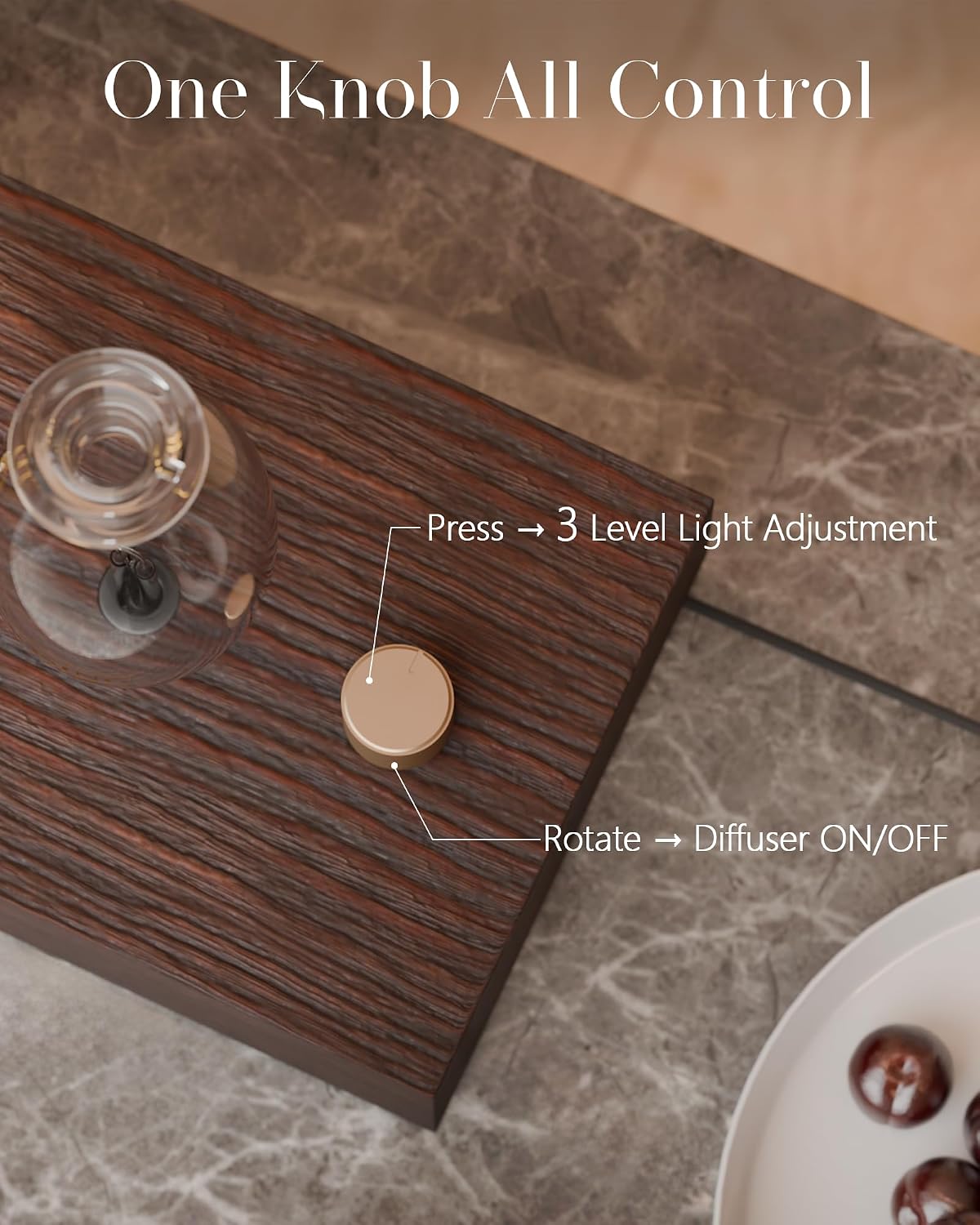 Waterless Oil Diffuser with Wood Base, Tempered Glass Bulb, 3 Color Light
