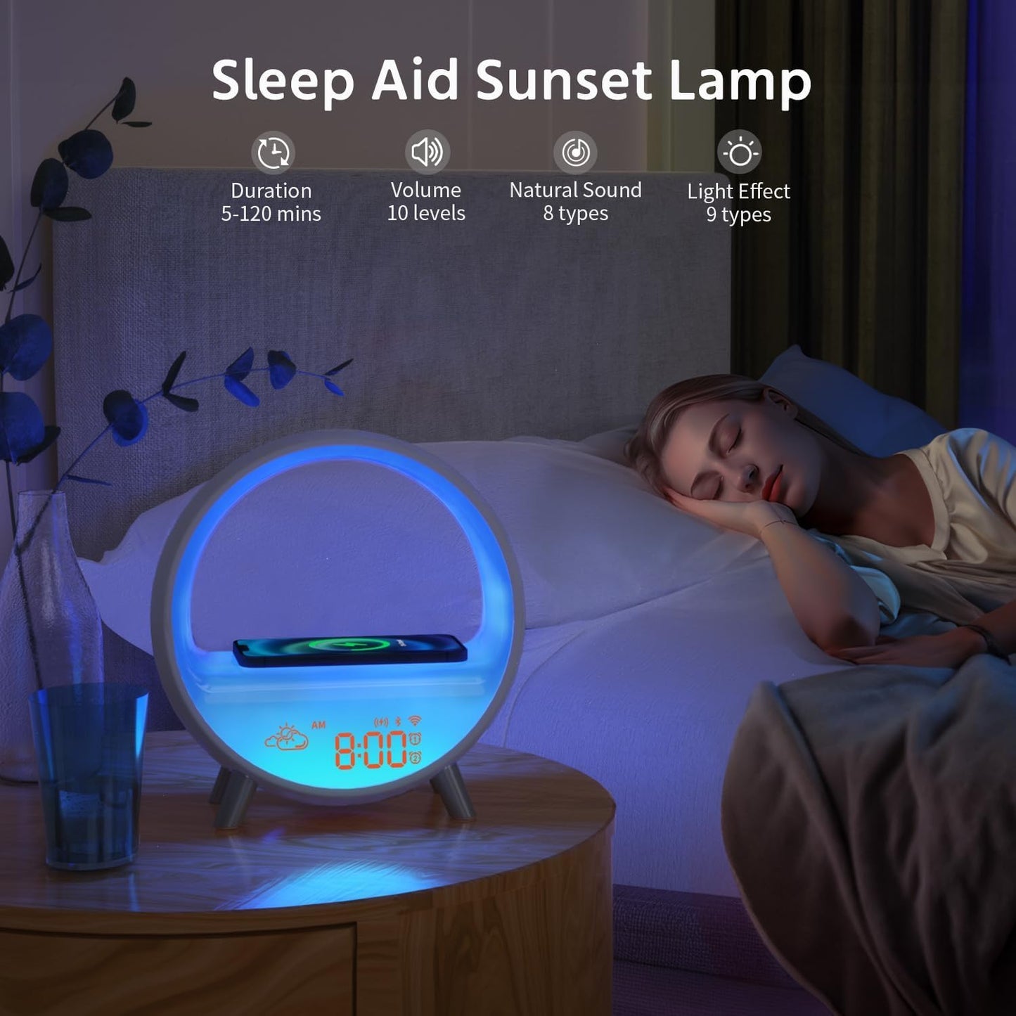 MOMILLA Smart Sunrise Alarm Clock with Wireless Charging Station, App Control Wake-Up Light & White Noise Sound Machine, Bluetooth Speaker, Compatible with Airpods/iPhone for Bedrooms & Heavy Sleepers | Bluetooth Speaker App Control,Wake-Up Light,White