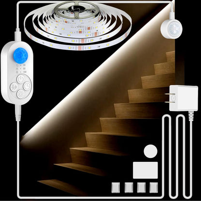 Dual Motion Sensor Light Indoor - Plug-in Adjustable LED Step Stair Light Strip with Double Sensor Detection, Timer & Dimmer for Staircase, Hallway, Bedroom (16.4FT 3000K Warm White)