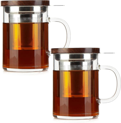 Tea Cup with Infuser Walnut Lid&Handle, Glass Tea Cups with Wide Mouth Extra Large Capacity, Stainless Steel Tea Infuser Mug for Loose Leaf Tea Steeping(14oz/400ml)