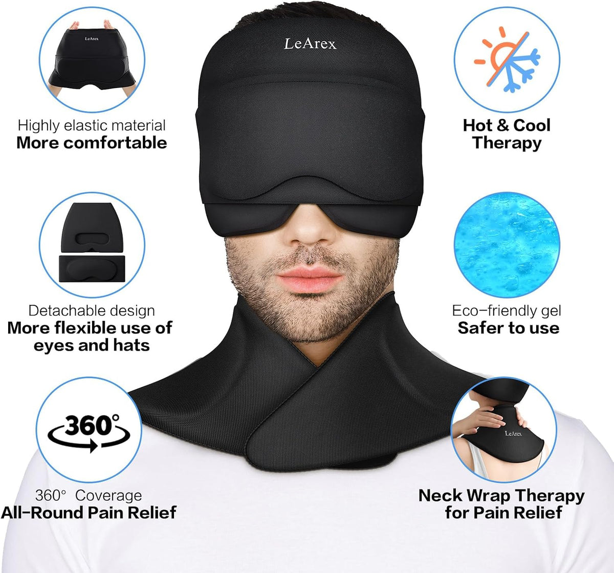 3 in 1 Migraine Relief Cap Neck Ice Pack Wrap Gel and Ice Eye Masks, Detachable Ice Caps with Eyes Masks, Hot and Cold Therapy for Relief of Headaches, Stiff Neck and Eye Fatigue (Purple)