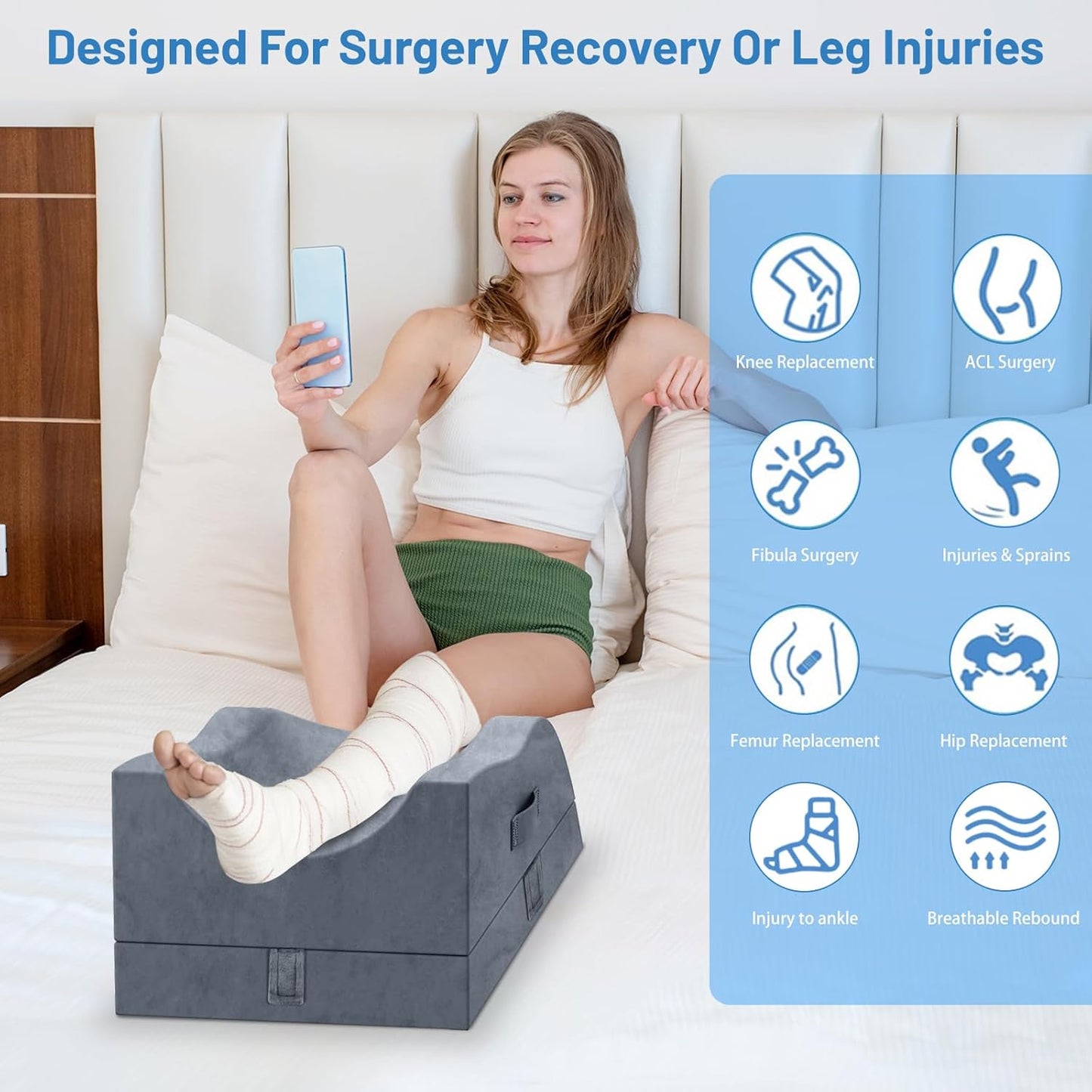 TranquilRelax Leg Elevation Pillow for After Surgery, Wedge Pillow, Grey | Single-leg design, adjustable height, U-shaped cradle, supportive memory foam, washable cover, leg elevation for swelling