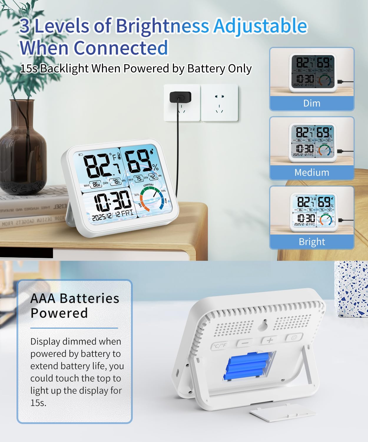 5.8'' Digital Indoor Thermometer Hygrometer, Temp Humidity Monitor & Clock | USB-C & Battery Powered, Large Backlit Display, Calibratable Readings, Max & Min Records, Comfort Level, Date & Time Display