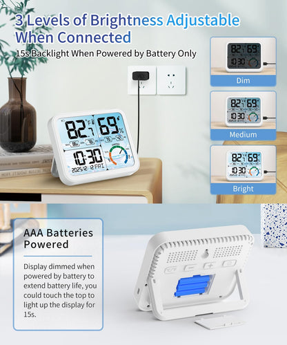 5.8'' Digital Indoor Thermometer Hygrometer, Temp Humidity Monitor & Clock | USB-C & Battery Powered, Large Backlit Display, Calibratable Readings, Max & Min Records, Comfort Level, Date & Time Display