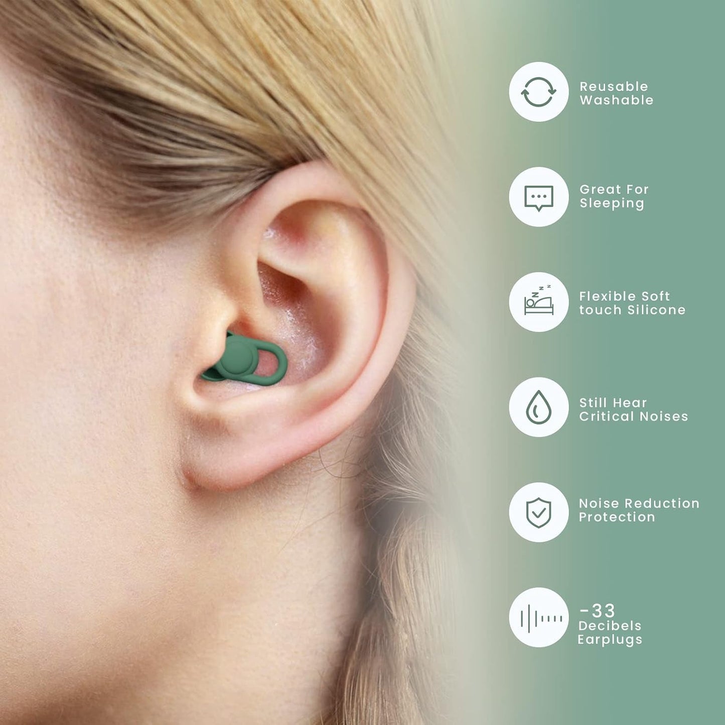 Silicone Ear Plugs for Noise Reduction - Reusable Soft Comfortable Earplugs for Sleeping,Noise Sensitivity & Flights -16 Ear Tips in XS/S/M/L, with 2 Travel Boxes - 33dB Noise Cancelling (Olive Green)