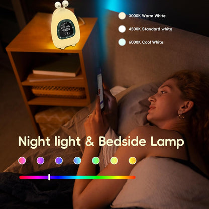 Sunrise Alarm Clock Wake Up Light, White Noise Sound Machine with 20 Soothing Sounds, 10 Night Lights, Wireless Speaker/Temp & Humidity/Rechargeable, Dimmable Clock Gift for Baby Kids Adults