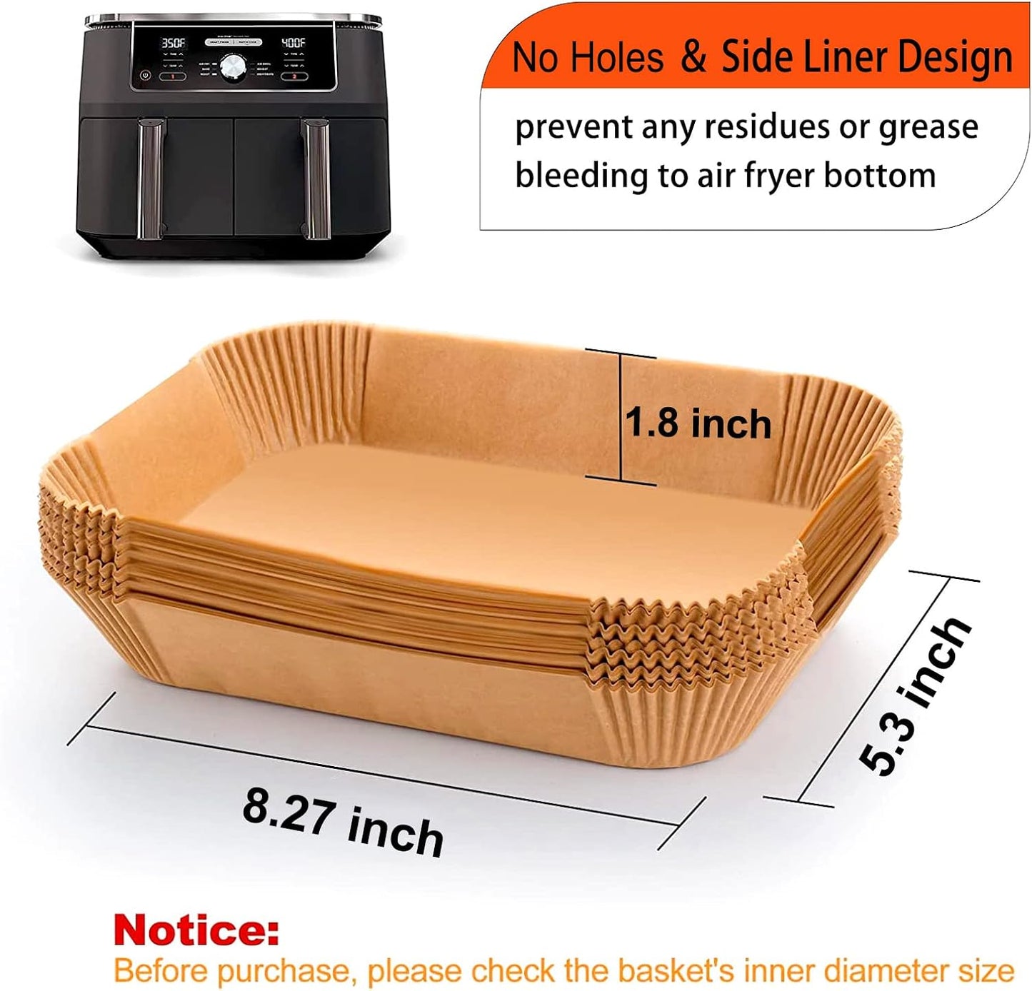 Air Fryer Liners Disposable 9 Inch, 9 inch Air Fryer Liners 125 Pcs Large Square Air Fryer Paper Liners for 5QT 6qt 8QT Air Fryer, Non-stick Parchment Paper for Frying, Baking