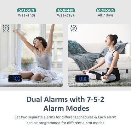 Odokee Digital Dual Alarm Clock for Bedroom with 0-100% Dimmable Display | Easy to Set Alarm Clock with Weekday/Weekend Mode - Loud Alarm for Heavy Sleepers with 5 Sounds Adjustable Volume - Blue