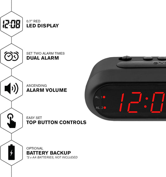 Sharp Digital Alarm Clock for Heavy Sleepers, Dual Alarm, Red LED, Black | Ascending wake sound, weekday/weekend scheduling, 9-minute snooze, easy-set controls, 2 AA backup, bedroom, dorm, office