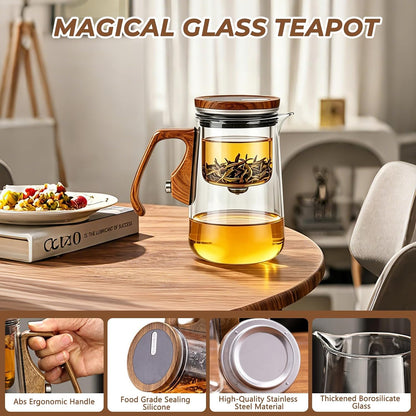 Magnetic Tea Pot with Infuser, Magic Loose Leaf Enchantipot, Borosilicate Glass Tea Maker with Strainer, One-Touch Tea Separation, Heat Resistant Tea Pot for Home & Office - 25.4oz (750ml)