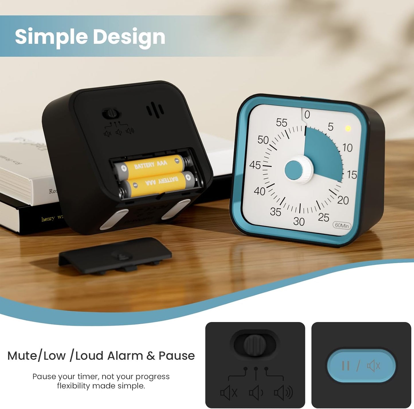 Visual Timer for Kids, Countdown Timer with Pause Function, White | Timer for Kitchen Cooking, Classroom, Study, Toddler, ADHD, Cute Timer Clock, Alarm 3 Volume Levels, Light Indicator