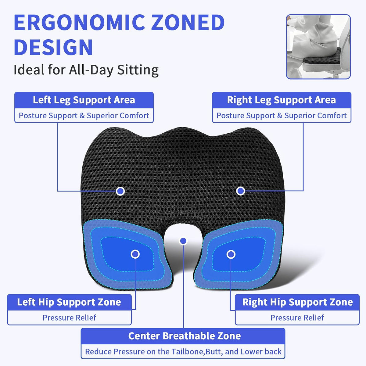 Gooo&Ma Air Fiber Seat Cushion, U-Shape Tailbone Comfort, Black | Thin design for office/car, breathable air fiber cooling, ergonomic, washable, non-slip, portable, 17.7"x13.8"x1.6"